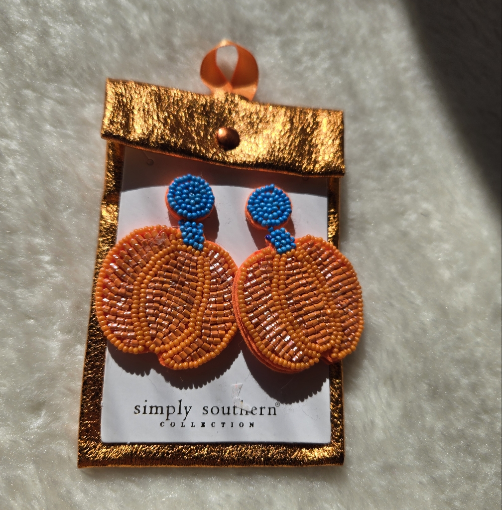 Simply Southern Beaded Orange Blue Pumpkin Fall Drop Earrings Nip 14$